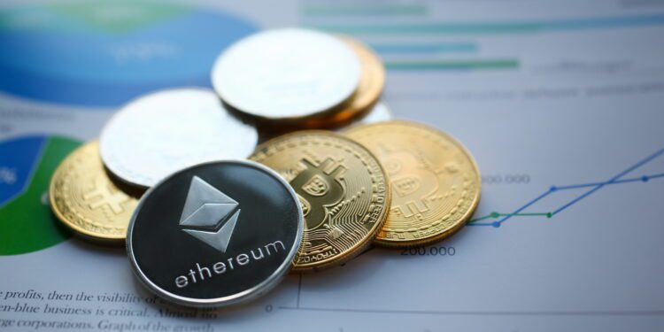 Silver ethereum jn chart paper closeup. Hard fork news consept