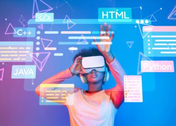 Explore the intersection of virtual reality and coding with this dynamic image showcasing a person engaging with digital languages and software development in an immersive environment. XDMCP