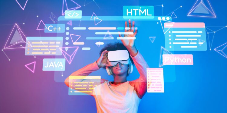 Explore the intersection of virtual reality and coding with this dynamic image showcasing a person engaging with digital languages and software development in an immersive environment. XDMCP