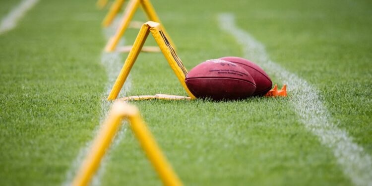 Footballs on grass field