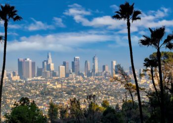 Beautiful sunset of Los Angeles downtown skyline in CA, USA