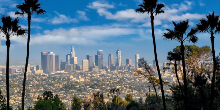Beautiful sunset of Los Angeles downtown skyline in CA, USA
