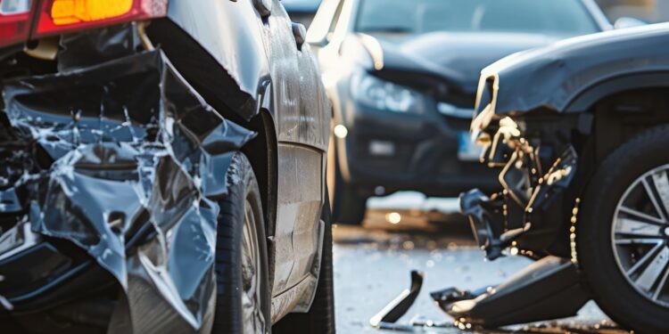 A traffic accident. A vehicle involved in a road accident, resulting in significant damage from the crash. Injuries Resulting From Car Accident