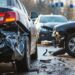 A traffic accident. A vehicle involved in a road accident, resulting in significant damage from the crash. Injuries Resulting From Car Accident