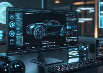 Computer screen display concept modern car design hologram latest model process background wallpaper AI generated image