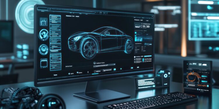 Computer screen display concept modern car design hologram latest model process background wallpaper AI generated image