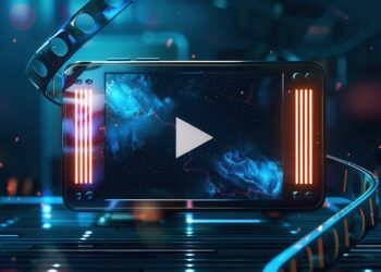 A digital screen with a play button on a futuristic background with a film reel.