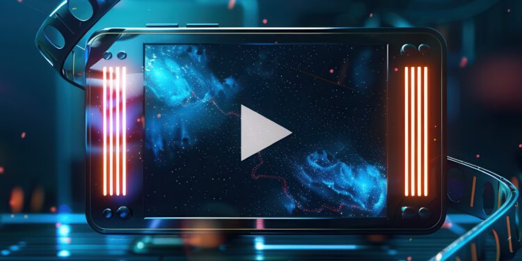 A digital screen with a play button on a futuristic background with a film reel.