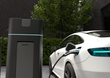 Electric car charging at home, Clean energy filling technology. 3D illustration