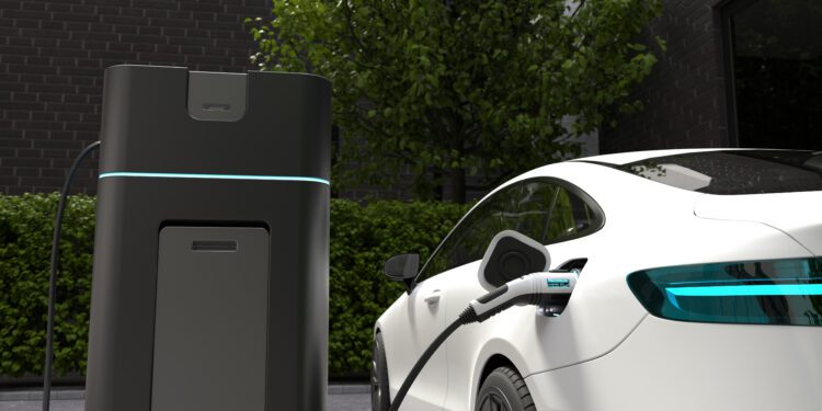 Electric car charging at home, Clean energy filling technology. 3D illustration