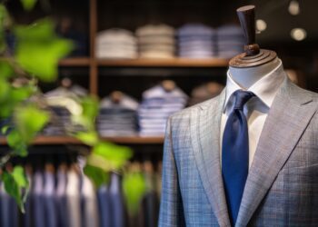 The elegant suit displayed in a stylish clothing boutique with modern decor.