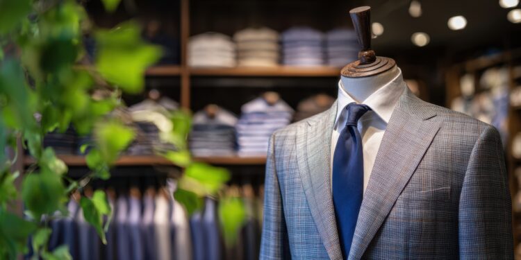 The elegant suit displayed in a stylish clothing boutique with modern decor.