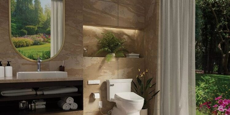 Luxury bathroom with garden view.