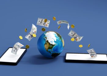 Mobile banking concept, coin and dollar banknote moving from smartphone to other cellphone, online money transfer e-wallet, 3D rendering. Element by NASA.