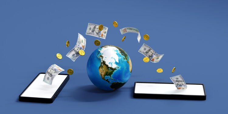 Mobile banking concept, coin and dollar banknote moving from smartphone to other cellphone, online money transfer e-wallet, 3D rendering. Element by NASA.