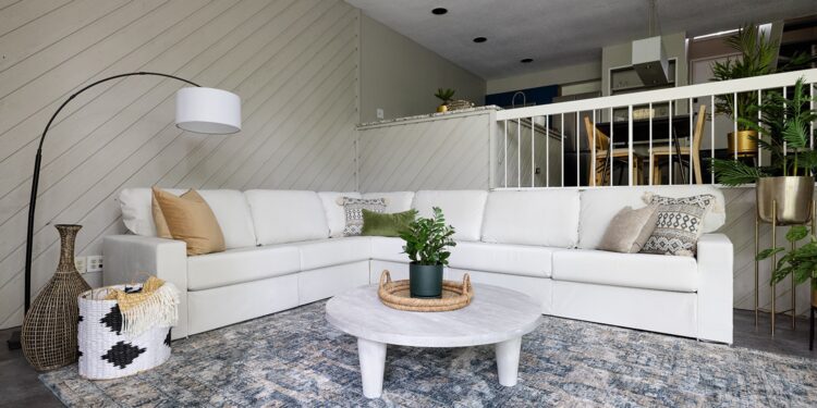 Modern white living room with plants.