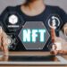 NFT token digital crypto art blockchain technology concept, Person hand using digital tablet with NFT icon on virtual screen.