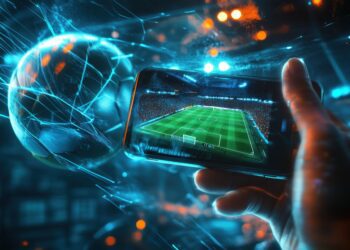 A dynamic image showcasing the thrill of online sports betting, featuring a smartphone displaying a soccer match with futuristic digital effects.