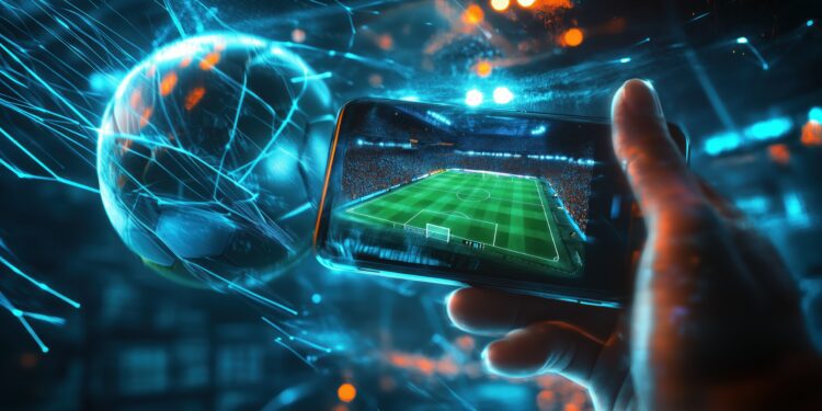 A dynamic image showcasing the thrill of online sports betting, featuring a smartphone displaying a soccer match with futuristic digital effects.