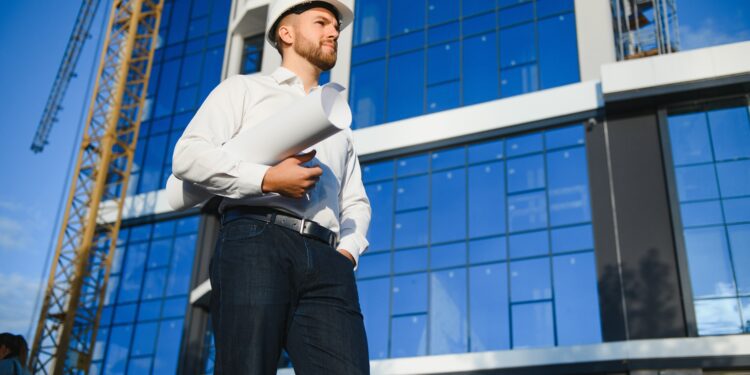 Successful engineer or architect, crane and building construction at backgrpound. Joyous businessman wearing helmet