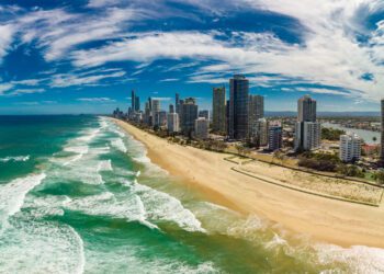 Surfers Paradise beach from an aerial drone perspective, Gold Coast, Queensland, Australia