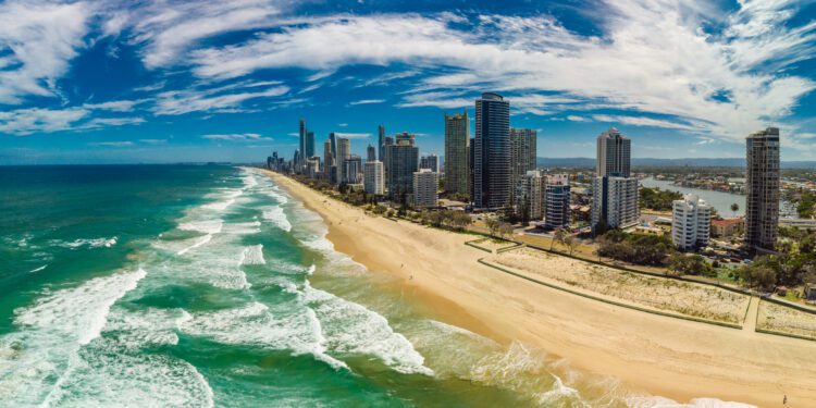 Surfers Paradise beach from an aerial drone perspective, Gold Coast, Queensland, Australia