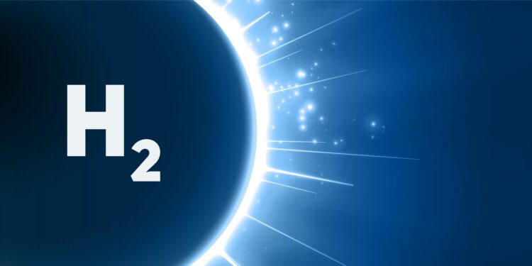 H2 hydrogen symbol over a blast of energy. Green hydrogen energy concept
