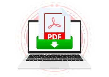 Download PDF file with label on laptop screen. Downloading document concept. View, read, download PDF file on laptops and mobile devices. Vector illustration