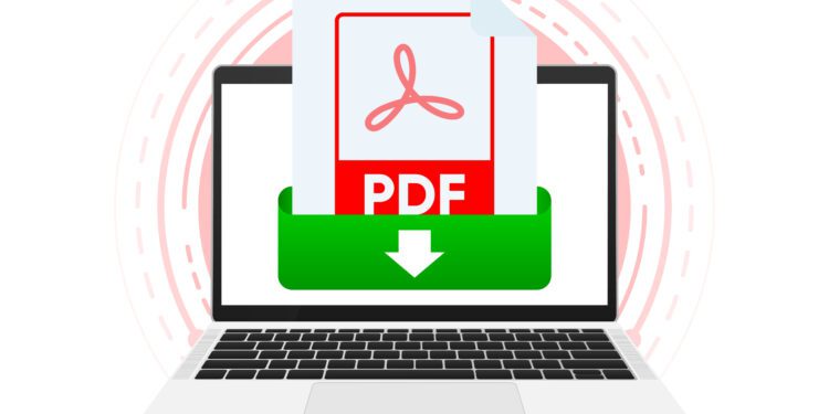 Download PDF file with label on laptop screen. Downloading document concept. View, read, download PDF file on laptops and mobile devices. Vector illustration