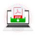 Download PDF file with label on laptop screen. Downloading document concept. View, read, download PDF file on laptops and mobile devices. Vector illustration
