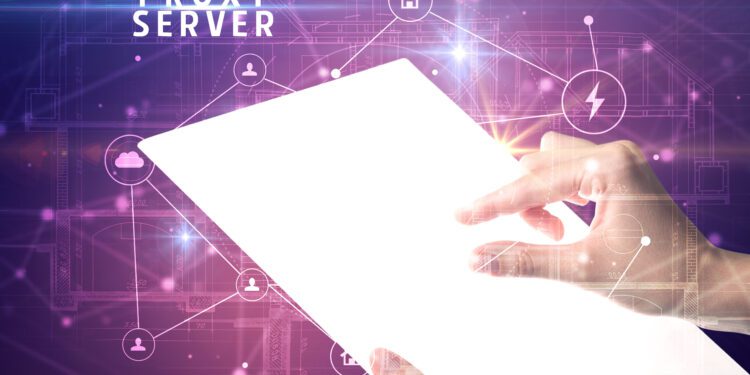 Holding futuristic tablet with PROXY SERVER inscription, cyber security concept