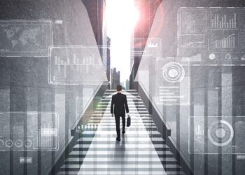 Business growth potential concept with virtual graphic of financial success . Businessman with report chart up forward to global career path growth and achievement in stock market investment .