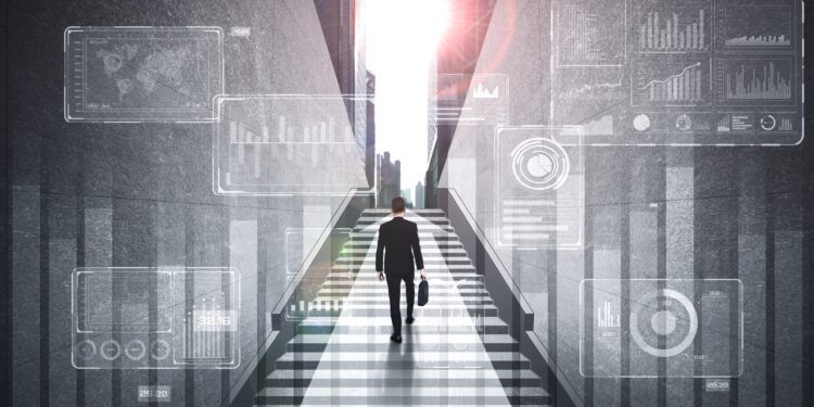 Business growth potential concept with virtual graphic of financial success . Businessman with report chart up forward to global career path growth and achievement in stock market investment .