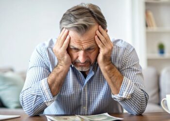 A man with a headache from all of the stress of his financial problems.