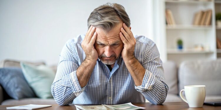 A man with a headache from all of the stress of his financial problems.