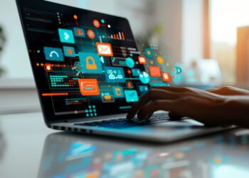 Software developer working on laptop with augmented reality software development interface