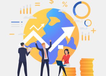 Business people working and celebrating success, rising arrow and earth globe. Investment, management, banking concept. Vector illustration can be used for topics like business, finance, analysis