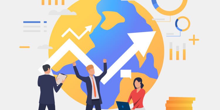 Business people working and celebrating success, rising arrow and earth globe. Investment, management, banking concept. Vector illustration can be used for topics like business, finance, analysis