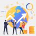 Business people working and celebrating success, rising arrow and earth globe. Investment, management, banking concept. Vector illustration can be used for topics like business, finance, analysis
