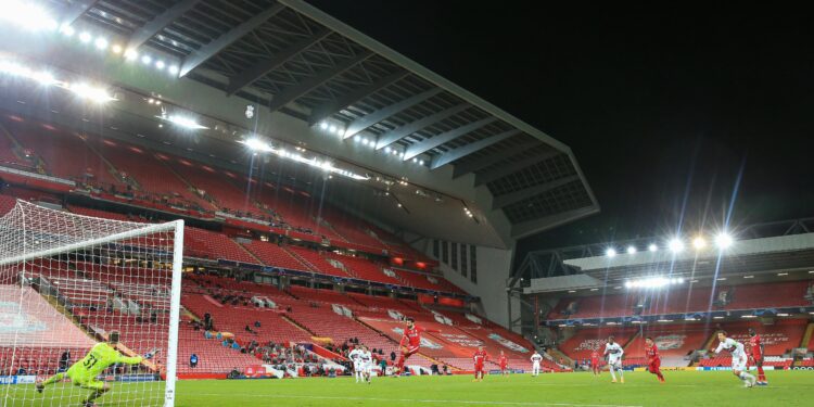 Mohamed Salah (11) of Liverpool scores from the penalty spot to give Liverpool a 2-0 lead