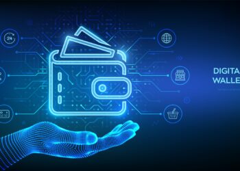 Digital wallet icon in wireframe hand. E-wallet. Online payment by digital wallet. Online banking service application. Mobile banking, money transaction, e-commerce. Vector illustration