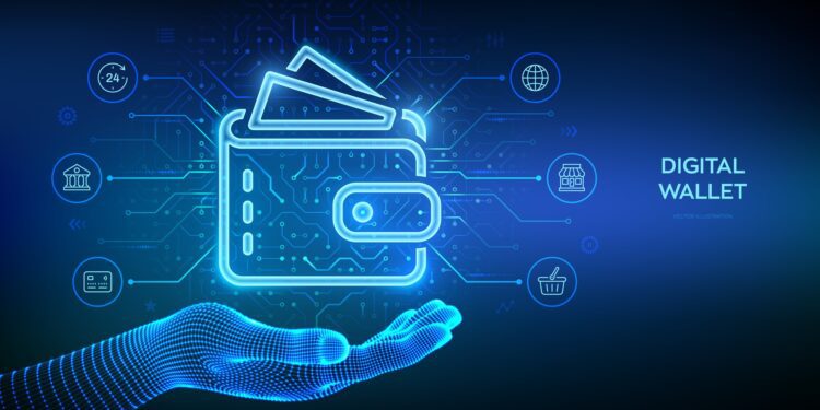 Digital wallet icon in wireframe hand. E-wallet. Online payment by digital wallet. Online banking service application. Mobile banking, money transaction, e-commerce. Vector illustration