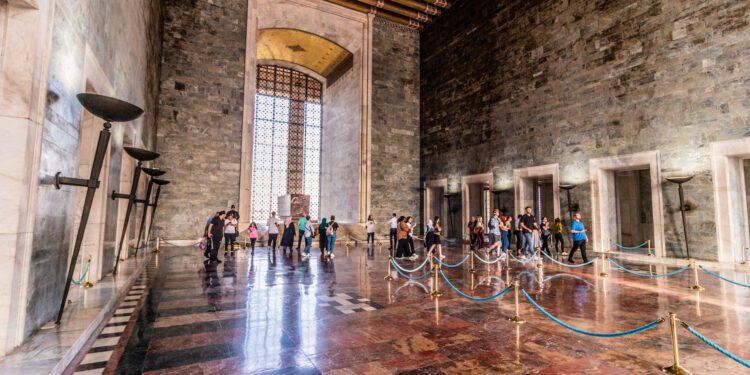 ANKARA, TURKEY - SEPTEMBER 20, 2022: Interior of the Mausoleum of Mustafa Kemal Ataturk (Anitkabir) in Ankara, Turkey