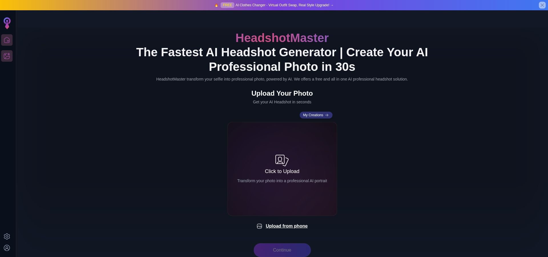 HeadshotMaster.io homepage screenshot showing free AI headshot generator interface