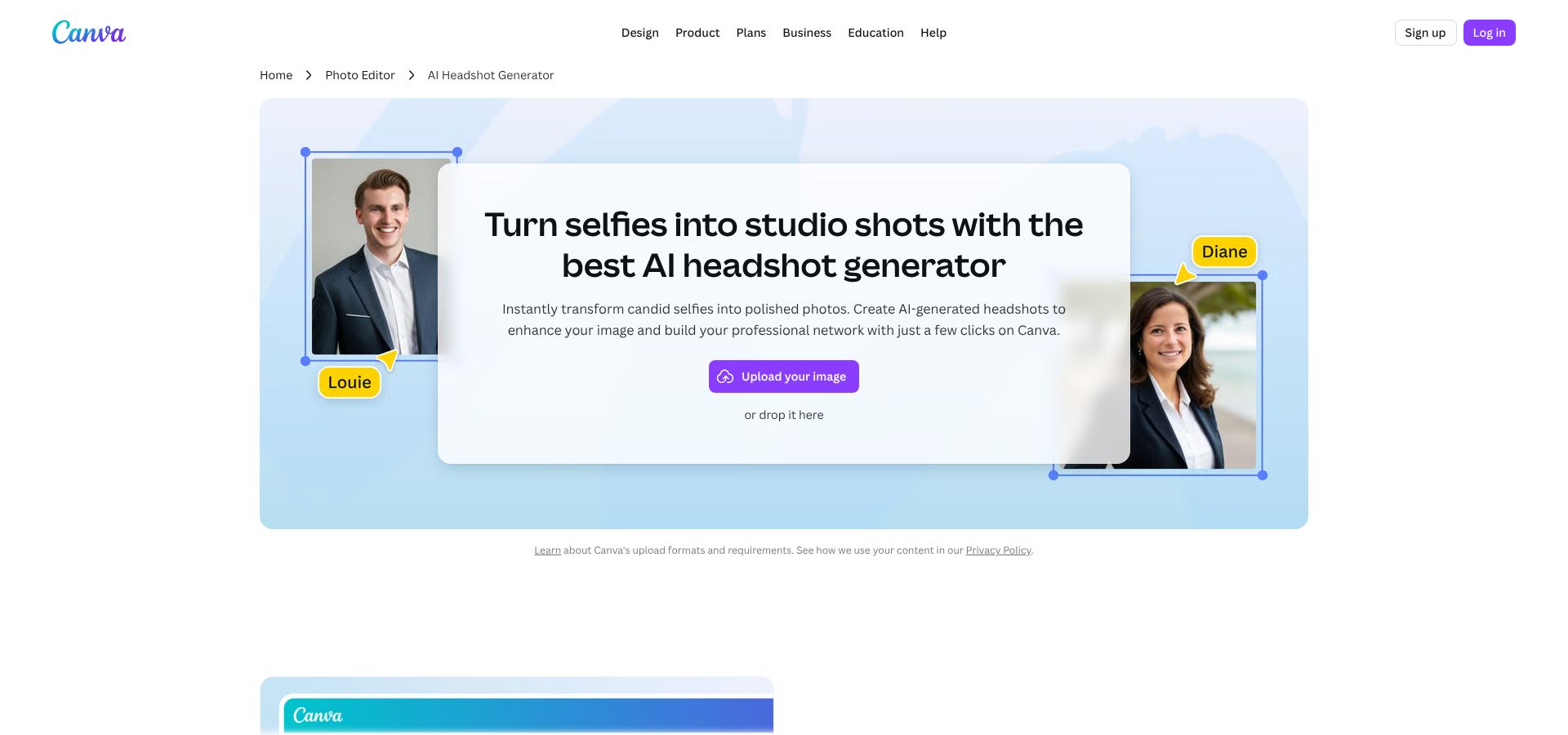 Canva AI headshot generator feature page screenshot inside the Canva editor
