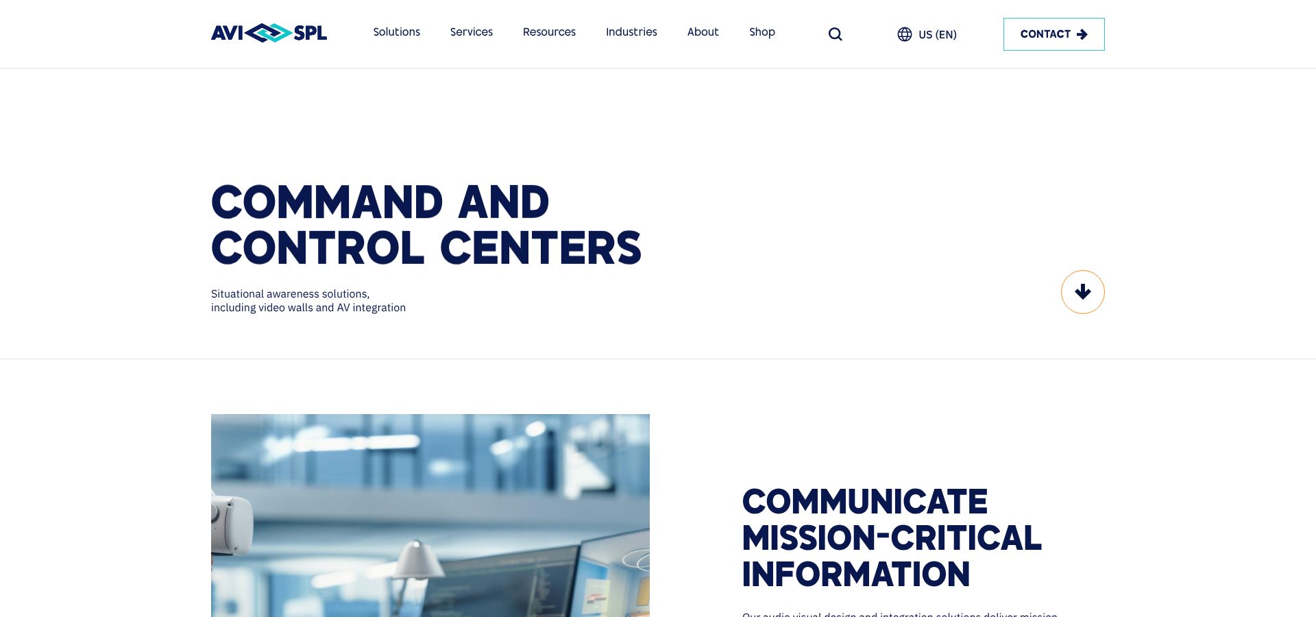 AVI-SPL command and control centers solutions page screenshot