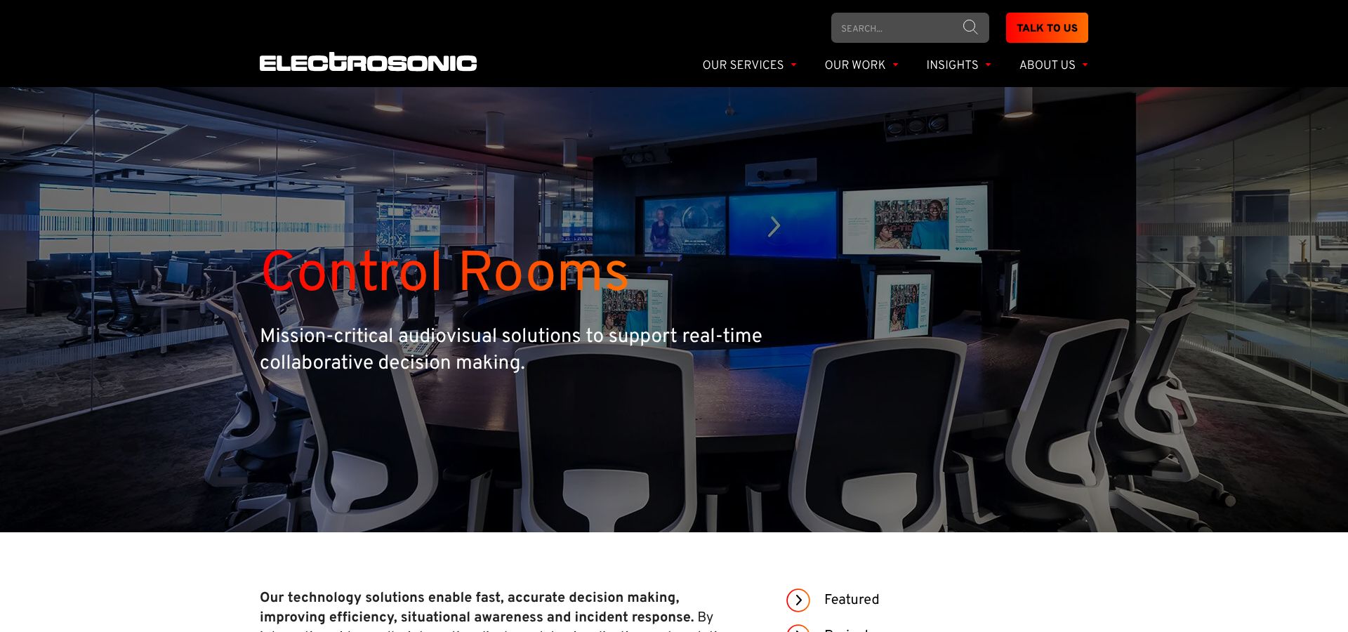 Electrosonic mission-critical control rooms solutions page screenshot