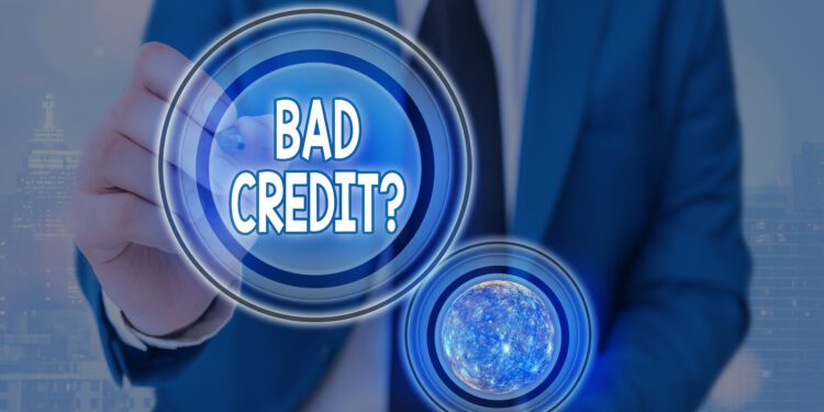 Text sign showing Bad Credit Question. Business photo text a bad credit score due to nonpayment of loans Futuristic icons solar system. Elements of this image furnished by NASA