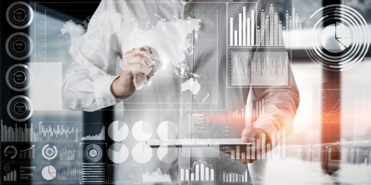 Global finance analysis and big data research concept . Futuristic screen showing large statistic information for business and marketing decision making .