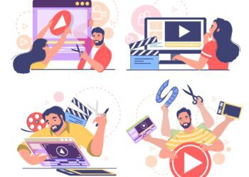 Motion designer, animator, male and female cartoon character set, flat vector illustration. People creating computer animation or animated video. Animation and motion graphic studio professionals.